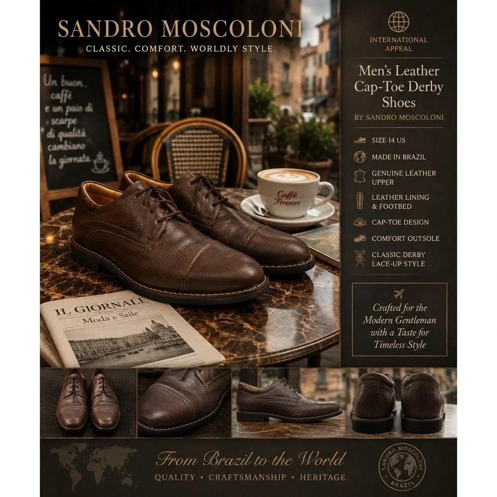 Sandro Moscoloni Men's Brown Leather Cap-Toe Derby Shoes Size 14 Made in Brazil